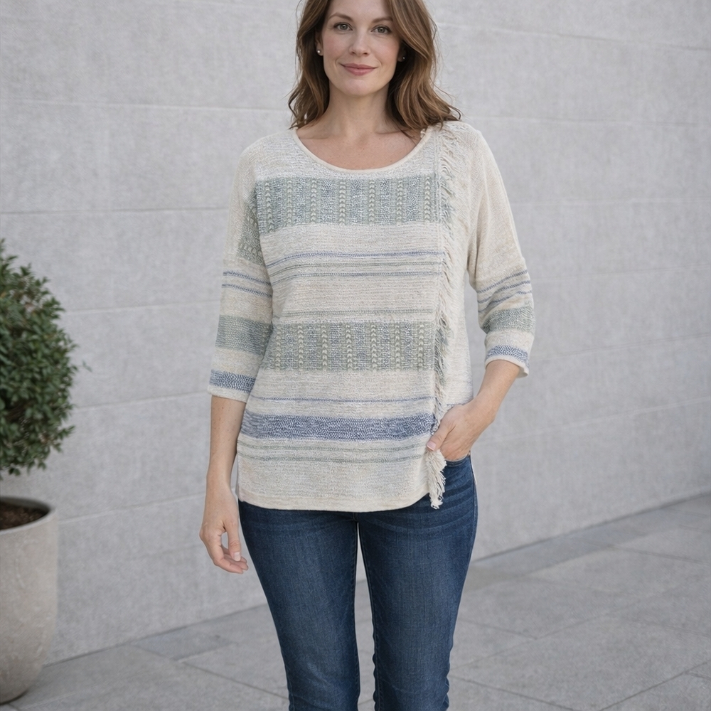 Nwt NIC+ZOE Textured Striped Sweater Cream Gray Fringe Trim Knit Top